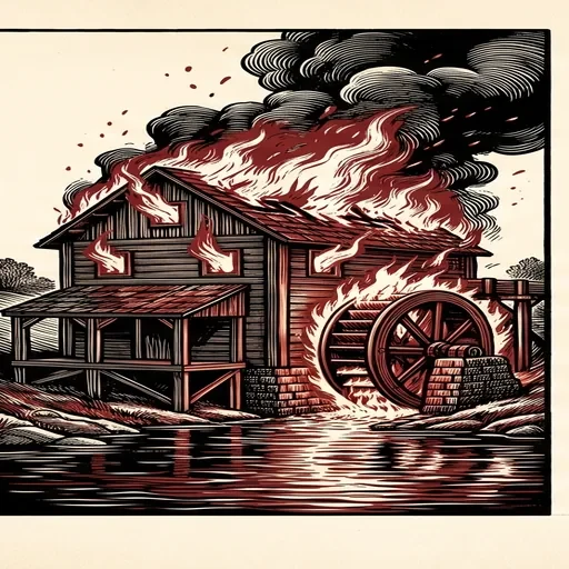 A wood engraving of a timber mill on a river burning: flames along the roof and walls, black smoke rolling off it, the water wheel lit from behind and the fire reflected in the water.