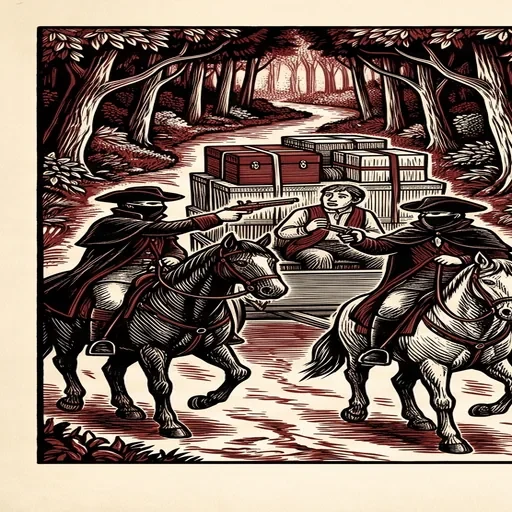 A wood engraving of two masked riders on horseback blocking a wooded road, one levelling a long gun at a driver seated on a loaded cart of crates and a strapped chest.