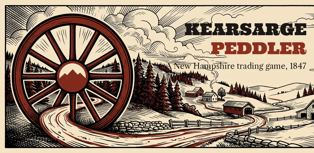 A wood-engraved New Hampshire valley in cream and oxblood: a tall spoked cart wheel with a mountain ridge at its hub stands beside a dirt road that winds past stone walls, pines, a covered bridge and a few farmhouses.
