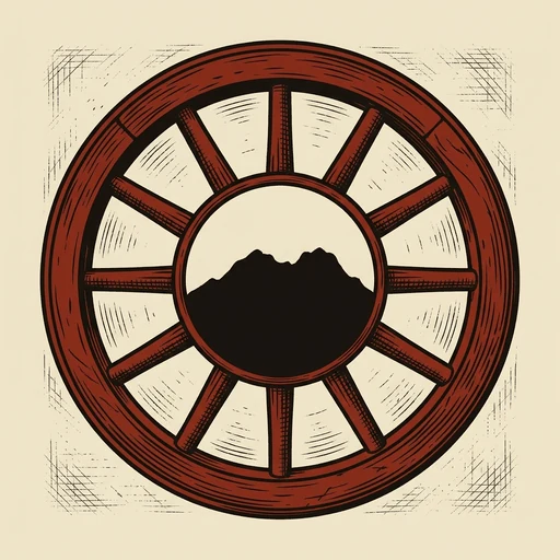 The app icon: a spoked cart wheel in oxblood with a mountain ridge at its hub.