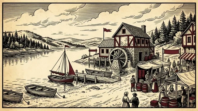 A wood-engraved lake town: sailboats and rowboats drawn up on a sandy shore, a stone mill with a water wheel behind them, market stalls and townspeople in the foreground, wooded hills across the water.