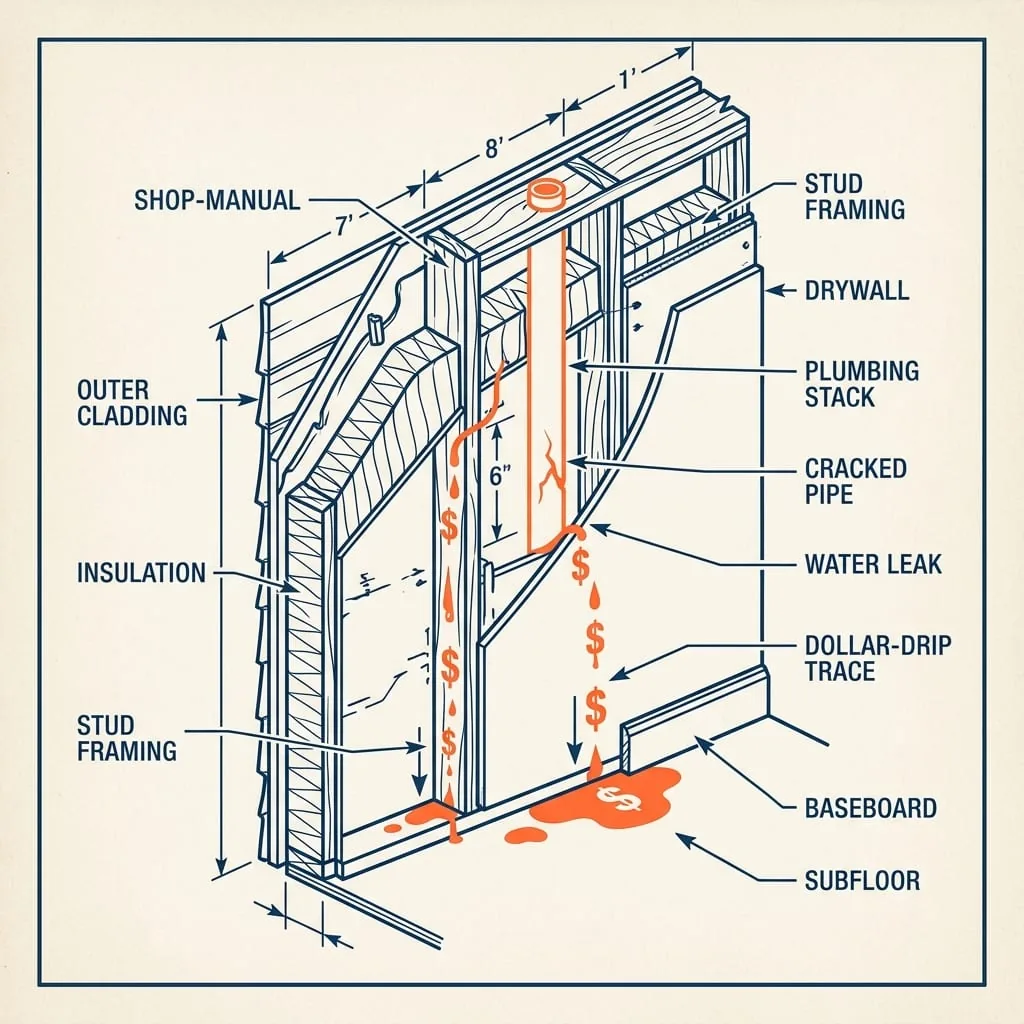 A blue line-art cutaway of a framed wall. A cracked pipe inside it drips small orange dollar signs down the studs and onto the subfloor, where they pool.