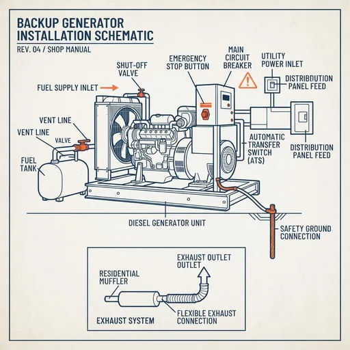 A blue line-art schematic of a diesel backup generator on a steel skid, labelled for its fuel tank, transfer switch, breaker panel and ground connection.