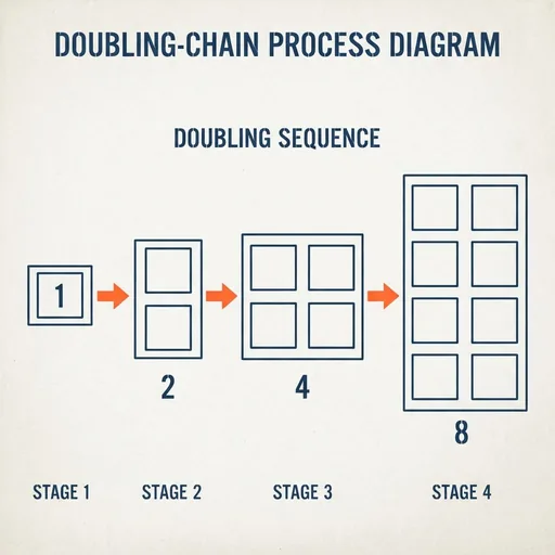 A diagram of a doubling sequence: one box, then two, four and eight, joined by orange arrows across four stages.