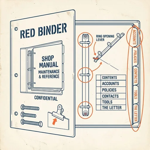 A blue line-art binder labelled Red Binder, open to show its ring mechanism and index tabs for accounts, policies, contacts, tools and the letter.