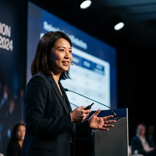 Generated image of Maya Chen at a conference