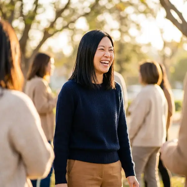 Generated image of Maya Chen at a team social
