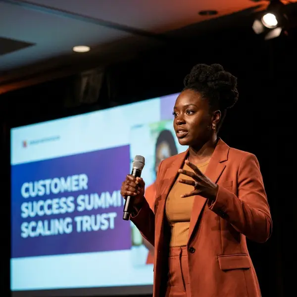 Generated image of Nadia Okafor at a conference
