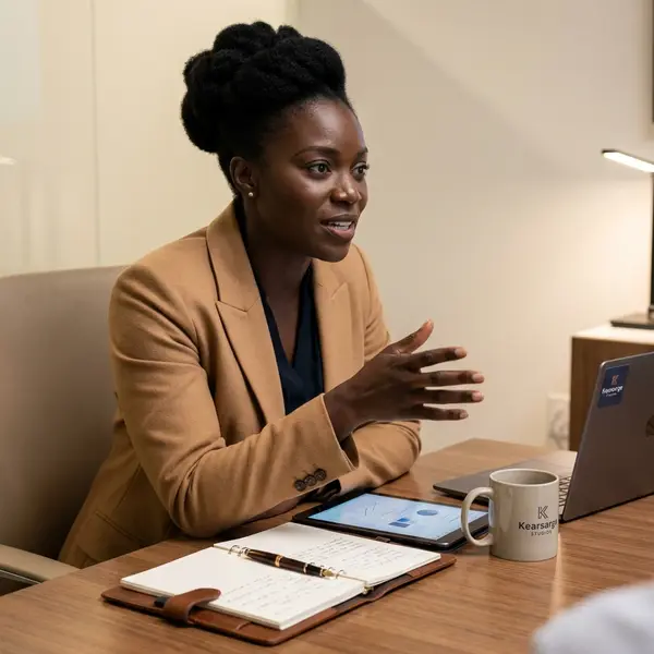 Generated image of Nadia Okafor at their desk