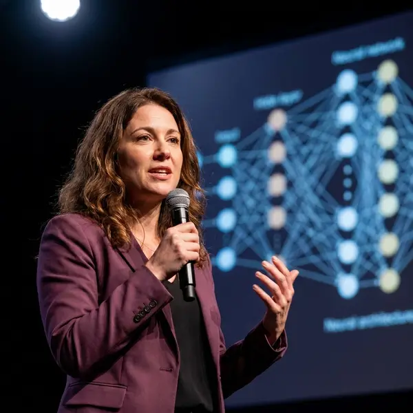 Generated image of Dr. Elise Fontaine at a conference