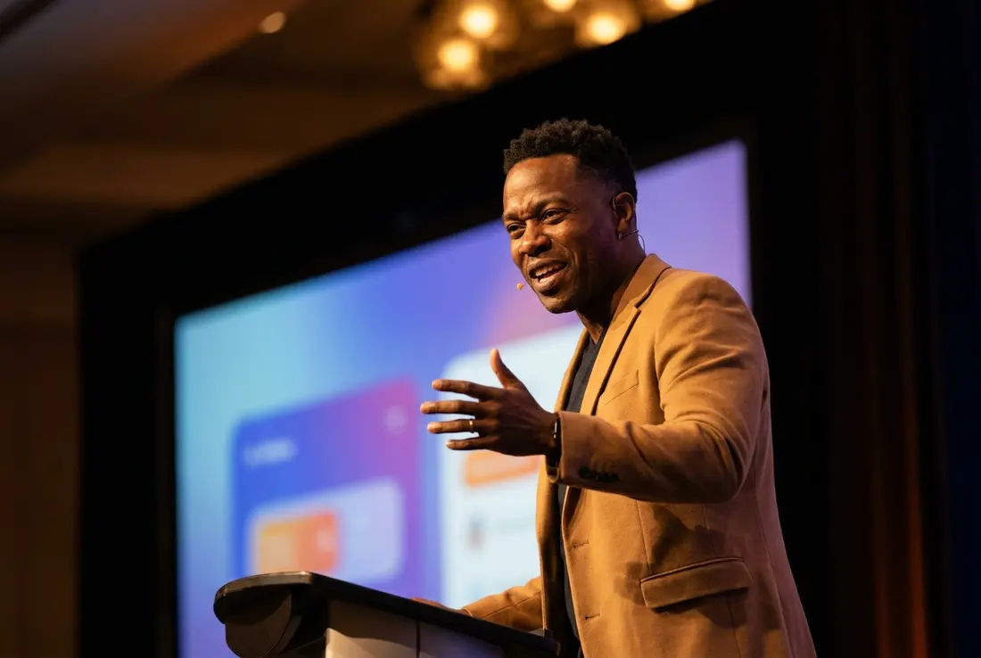 Generated image of Marcus Webb presenting at a conference