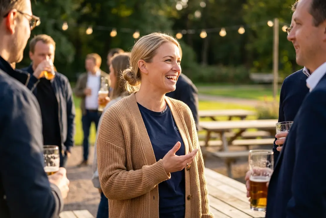 Generated image of Linnea Bergström with the team at a social gathering