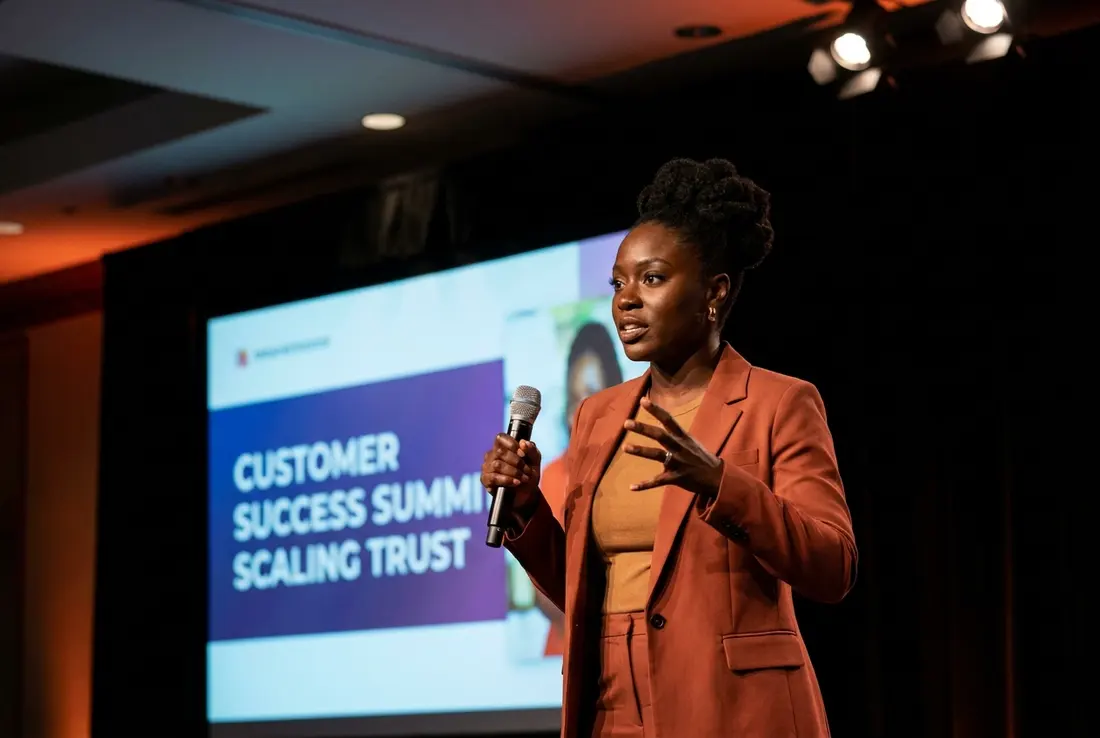 Generated image of Nadia Okafor presenting at a conference