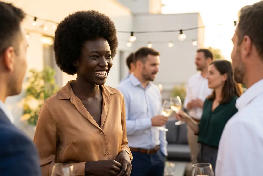 Generated image of Nadia Okafor with the team at a social gathering