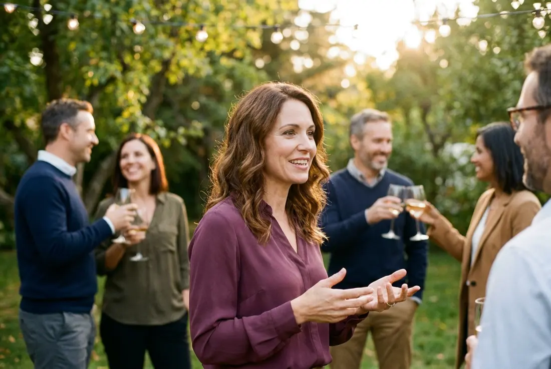 Generated image of Dr. Elise Fontaine with the team at a social gathering